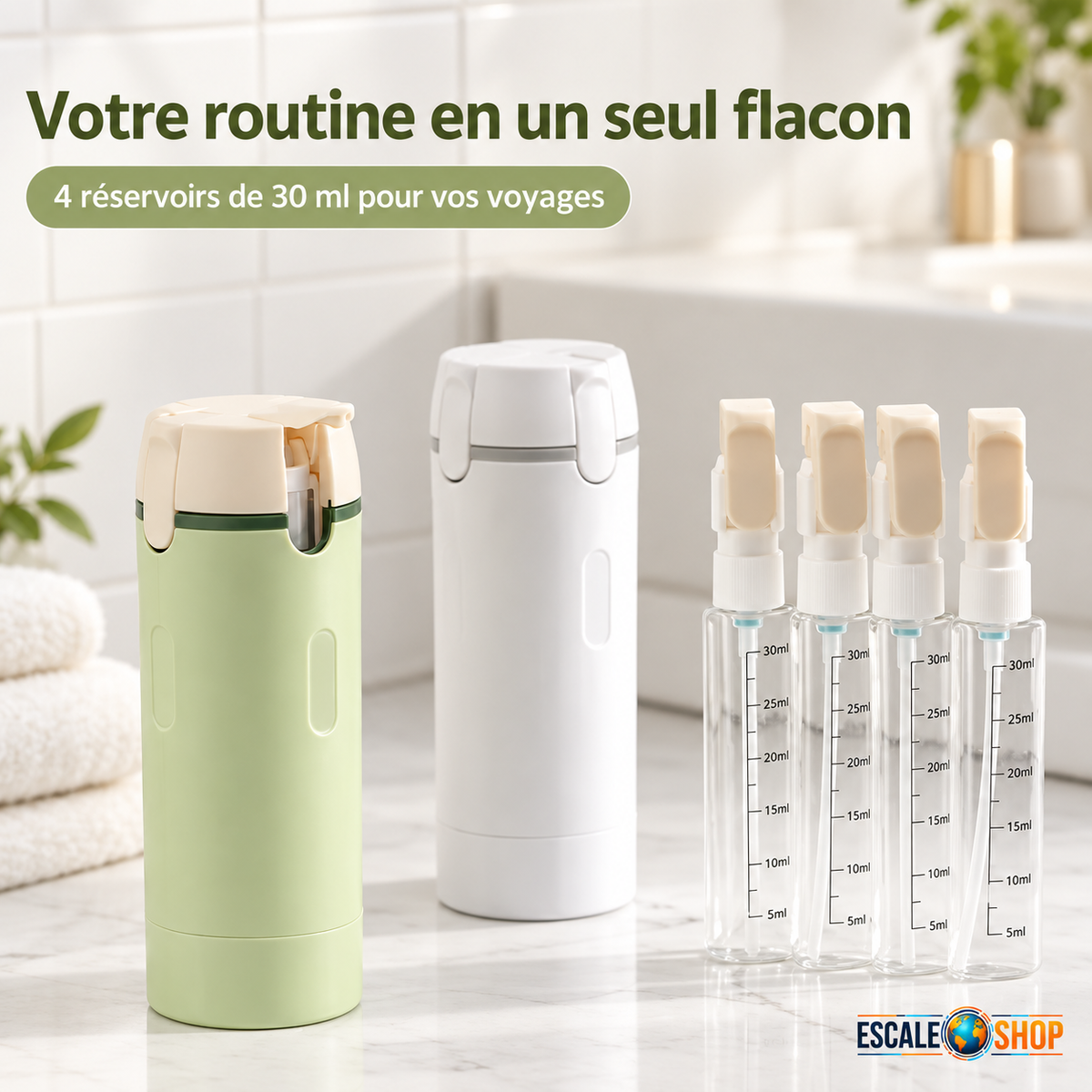 distributeur de voyage 4 en 1 avec ces 4 flacon