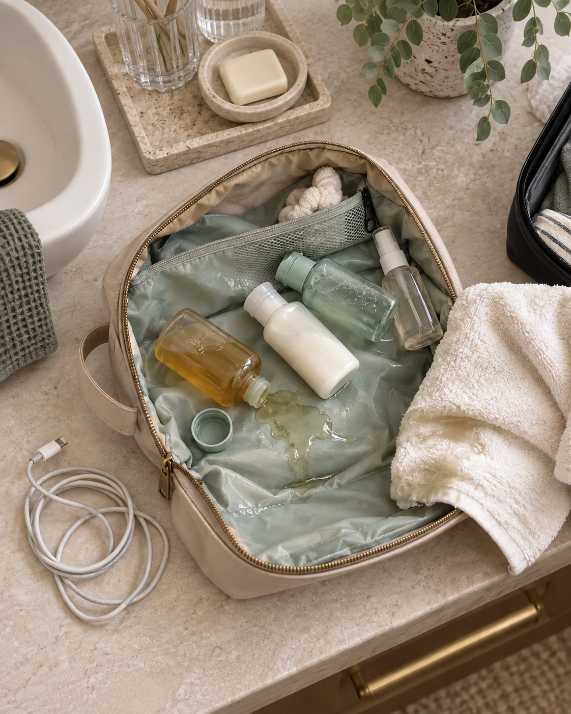 Trousse de toilette en désordre avec des mini-flacons