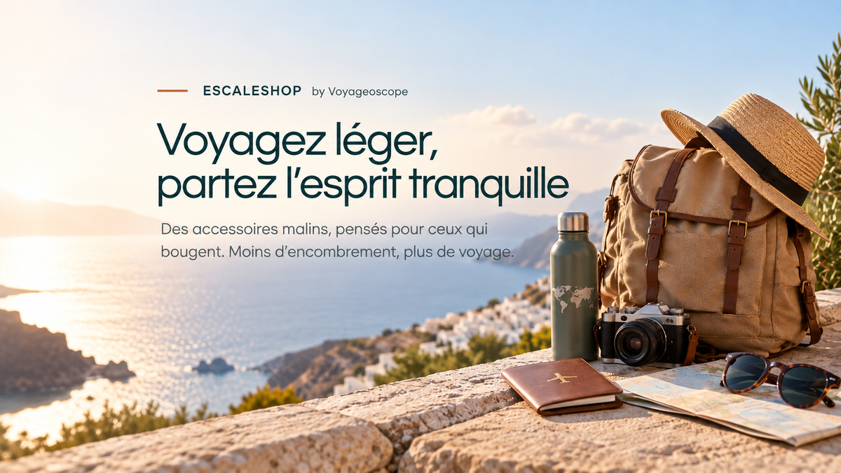 
`Accessoires de voyage Escaleshop avec sac à dos, gourde, appareil photo et passeport face à la mer`escaleshop by voyageoscope
